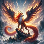 ambiguous_gender cloud electricity electricity_manipulation elemental_manipulation feral fire fire_manipulation fur glowing glowing_eyes lightning magic mountains multi_tail orange_body orange_eyes orange_fur outside solo spread_wings white_body white_fur wings pcaelifera canid canine demon fox mammal