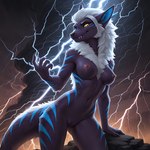 anthro breasts female genitals mane purple_body pussy seductive solo stripes tail thunderstorm yellow_eyes mavrek canid mammal absurd_res hi_res