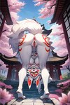 anthro anus bent_over breasts butt detailed_background female genitals looking_at_viewer pussy smile smirk solo temple canid canine fox mammal spirit yokai