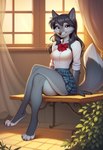 anthro bottomwear breasts clothing crossed_legs female looking_at_viewer medium_breasts miniskirt school_uniform sitting skirt smile solo uniform foxlover7796 hioshiru canid canine canis mammal wolf hi_res