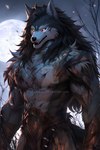 2023 anthro armor black_body black_fur black_loincloth black_mane black_nose blood bodily_fluids bottomwear canid canine canis chrisd19 clothed clothing embers fur glowing glowing_eyes grey_ears hi_res jewelry loincloth loincloth_only looking_at_viewer male mammal mane moon necklace night night_sky open_mouth plant portrait prick_ears sharp_teeth snout solo teeth three-quarter_portrait topless topless_anthro topless_male tree watermark were werecanid werecanine werewolf wolf wounded yellow_eyes