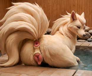 animal_genitalia animal_pussy anus butt canine_genitalia canine_pussy female feral genitals hot_spring looking_at_viewer looking_back looking_back_at_viewer multi_tail onsen presenting presenting_hindquarters pussy rock solo tail water crimson_fenrir_(director) nintendo pokemon generation_1_pokemon ninetales pokemon_(species) hi_res