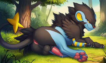 animal_genitalia animal_penis anus backsack balls black_body black_fur blue_body blue_fur bodily_fluids butt claws day detailed_background digitigrade dripping erection feet feline_genitalia feline_penis feral forest fur genital_fluids genitals grass looking_at_viewer looking_back looking_back_at_viewer lying male male_feral narrowed_eyes nude on_side outside pawpads paws penile_spines penis perineum pink_pawpads plant precum precum_drip presenting presenting_anus presenting_hindquarters presenting_penis quadruped red_sclera seductive sheath smile smirk solo tail tapering_penis telegram telegram_logo text toe_claws toes tree sergalbutt nintendo pokemon felid generation_4_pokemon luxray mammal pokemon_(species) 5:3 director_name signature url