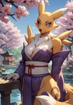 anthro asian_clothing breasts cherry_blossom cherry_blossom_tree cherry_tree cleavage clothed clothing dialogue east_asian_clothing female fruit_tree fur fur_markings garden japanese_clothing kimono markings nature plant solo talking_to_viewer traditional_japanese_garden tree cattorihanzo canid canine digimon_(species) fox mammal renamon animated