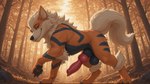 animal_genitalia animal_penis balls bushy_tail canine_genitalia canine_penis claws cute_fangs dewclaw feet feral forest fur genitals half-closed_eyes knot looking_at_viewer low-angle_view male narrowed_eyes pawpads penis plant side_view smile smirk solo standing tree warizard nintendo pokemon arcanine generation_1_pokemon pokemon_(species) hi_res