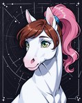 brown_hair female feral fur green_eyes hair headshot pink_hair pink_nose ponytail simple simple_background solo star white_body white_fur wings sunny_way sunny_way_(character) equid equine horse mammal pegasus edit headshot_portrait hi_res portrait shaded simple_shading