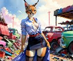 anthro belt bottomless bottomwear breasts car clothed clothing exposed_breasts female jewelry junkyard necklace nipple_slip nipples outside partially_clothed skirt solo standing vehicle denis0k felid mammal hi_res