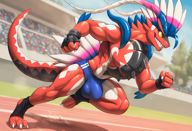 3_toes anthro athletic_build big_bulge bleachers blue_clothing blurred_background bodily_fluids bottomwear bulge claws clothing countershading day feathers feet fingerless_gloves fist footwear gloves grin gym_bottomwear gym_clothing gym_shorts handwear looking_forward male multicolored_body multicolored_feathers mythology orange_eyes outside plant red_body running sharp_teeth shorts smile solo sweat sweaty_body tail teeth toe_claws toeless_footwear toes track_and_field tree white_body white_claws white_countershading yellow_sclera dfy6c nintendo pokemon dragon generation_9_pokemon koraidon legendary_pokemon mythological_creature mythological_scalie pokemon_(species) scalie hi_res