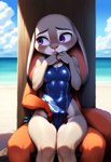 anthro breasts claws clothing disney duo female finger_claws male male/female nervous shy swimwear minos1012 zootopia judy_hopps nick_wilde canid canine fox lagomorph leporid mammal rabbit hi_res