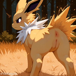 angry anus blush butt detailed_background electricity female female_feral feral forest fur genitals grass head_tuft humanoid_genitalia humanoid_pussy humanoid_pussy_on_feral long_ears looking_back nature nature_background on_ground paws pink_anus pink_pussy plant purple_body purple_sclera pussy rear_view solo sparks standing tree tuft white_body white_eyes white_fur yellow_body yellow_fur kaltingale_(director) nintendo pokemon eeveelution generation_1_pokemon jolteon pokemon_(species) hi_res watermark