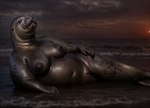 anthro beach breasts female front_pussy genitals glistening glistening_body lying on_side overweight overweight_female pussy seaside solo sunset transformation splice mammal marine pinniped sea_lion seal absurd_res hi_res