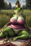 anthro bedding big_breasts blanket breasts crown female field field_background genitals green_body looking_at_viewer overweight pussy sitting sitting_on_ground solo solo_focus amphibian frog