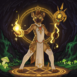 anthro bulge cave clothed clothing cross crossdressing dress footwear fungus fur glowing glowing_eyes halo happy legwear looking_at_viewer magic magic_circle magic_user male multicolored_body multicolored_fur mushroom paws pelvic_curtain pose priest socks solo staff tail thigh_highs plapenjoyer hyaenid mammal spotted_hyena