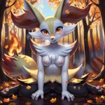 anthro autumn braixen breasts canid canine dripping fall_(disambiguation) female fire forest forest_background fox generation_6_pokemon genitals hi_res kneeling leaf looking_at_viewer mammal nature nature_background nipples pawpads paws plant pokemon pokemon_(species) pussy small_breasts solo tongue tongue_out tree venisoncreampie