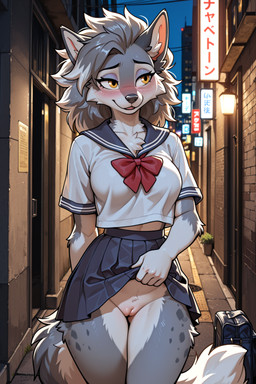 alley anthro blush bottomless bottomwear clothed clothing clothing_lift female genitals looking_away night pussy school_uniform skirt skirt_lift solo uniform denis0k canid canine canis mammal wolf hi_res