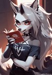 anthro armwear bare_shoulders book choker clothing collar dialogue eye_roll female jewelry necklace red_eyes red_sclera solo spiked_collar spikes cattorihanzo helluva_boss loona_(helluva_boss) canid canid_demon demon hellhound mammal animated