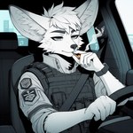 anthro canid canine car driving drugs fennec fox fur grey_eyes lucifluffy male mammal marijuana solo techwear vehicle white_body white_fur wilek