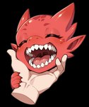 4_fingers ambiguous_gender anthro bodily_fluids eyes_closed fingers hands open_mouth red_body saliva sticker teeth kobold hi_res
