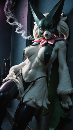 anthro big_breasts black_claws breasts city city_background claws clothing female garter_straps ineffective_clothing latex_stockings leaning_on_wall looking_at_viewer mask night nipple_outline pawpads pink_pawpads raised_leg realistic red_eyes smoke smoking solo thong underwear scalesai nintendo pokemon felid feline generation_9_pokemon mammal meowscarada pokemon_(species) absurd_res hi_res