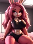 absurd_res anthro athletic bedroom bottomwear bra bratz busty clothing female fluffy fur hair hi_res lagomorph leonoser leporid mammal pink_body pink_fur pink_hair rabbit shorts solo solo_focus sports_bra underwear