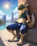 anthro bulge claws digitigrade feet fluffy hi_res machine male michaelyourman navel outdoors paws protogen screen screen_face solo sun visor water