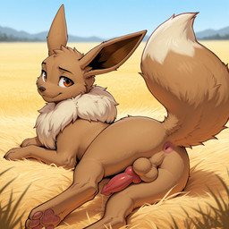 animal_genitalia animal_penis anus balls black_nose blue_sky bodily_fluids brown_body brown_eyes brown_fur canine_genitalia canine_penis feral field fur genital_fluids genitals grin grinning_at_viewer leaking_precum looking_at_viewer looking_back looking_back_at_viewer lying lying_on_ground male neck_tuft on_front outside pawpads penis pink_anus pink_pawpads precum presenting presenting_anus raised_tail sky smile solo teeth tuft gertgrg nintendo pokemon eevee generation_1_pokemon pokemon_(species) hi_res