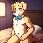 animatronic_male anthro bed bedroom blue_eyes blush bowtie five_nights_at_freddy's fur furniture machine male male_focus smile solo solo_focus tan_body tan_fur the_return_to_freddy's candougie dug_(trtf) animatronic bird_dog canid canine canis domestic_dog hunting_dog labrador mammal retriever robot