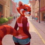 anthro bottomwear bra breasts butt clothing female hotpants looking_at_viewer markings panties pink_bra pink_clothing pink_panties pink_underwear pulling_pants_down red_eyes ring_(marking) ringtail shorts small_breasts solo tail_markings underwear undressing turning_red ailurid mammal red_panda hi_res