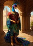 2023 anklet anthro armlet avian beak bedroom_eyes bird blue_body blue_feathers bracelet claws clothed clothing courtyard feathered_crest feathers full-length_portrait fully_clothed galliform head_crest hi_res inside jewelry lidded_eyes looking_at_viewer malakim male narrowed_eyes necklace palace peacock_feather peafowl phasianid plant portrait scuted_arms scuted_hands scuted_legs scutes seductive sky solo standing stone_floor vase yiffymix_(model)