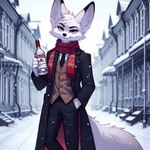alcohol anthro beverage canid canine clothing fennec fox fur lucifluffy male mammal snow solo white_body white_fur wilek