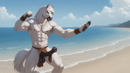 5_fingers abs animal_genitalia animal_penis anthro balls beach biceps big_penis biped black_balls black_nipples black_penis blue_eyes bottomwear bottomwear_aside casual_erection clothed clothing clothing_aside cloud day detailed_background equine_genitalia equine_penis erection fighting_pose fingers fist flared_penis fur genitals hair ineffective_clothing jewelry loincloth loincloth_aside loincloth_only male mane medial_ring muscular muscular_anthro muscular_male navel necklace nipples obliques open_mouth outside pecs penis poking_out pose sand sea seaside sky solo standing tail teeth topless water white_balls white_body white_fur white_hair white_mane white_tail bumblebee95 equid equine horse mammal hi_res portrait three-quarter_portrait widescreen