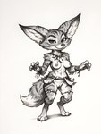 anthro blizzard_entertainment breasts claws clothing female fur genitals looking_at_viewer nipples nude pussy simple_background small_breasts smile solo tribal tuft warcraft white_background vitiligo_(director) world_of_warcraft canid canine fox mammal vulpera absurd_res hi_res monochrome sketch