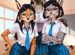 anthro bottomwear breasts clothing female frown fur green_eyes group hand_on_hip necktie orange_eyes school school_uniform scowl skirt spots spotted_body spotted_fur trio uniform anonymous_director felid feline hyaenid lynx mammal hi_res