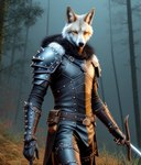 anthro armor canid canine canis clothing forest hi_res leather leather_clothing male mammal melee_weapon photorealism plant solo sword tree weapon wolf