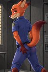 anthro blush bulge butt clothing disney fur genitals green_eyes hand_on_butt looking_at_viewer looking_back male police_uniform presenting raised_tail simple_background smile smiling_at_viewer smirk solo uniform zootopia angry_puppy nick_wilde canid canine canis fox mammal hi_res