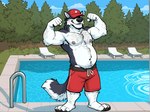 4_toes 5_fingers anthro arm_hair armpit_hair barefoot baseball_cap beard belly black_body black_fur body_hair chest_hair claws clothed clothing facial_hair feet fingers flexing fur happy_trail hat hat_over_eyes headgear headwear leg_hair lifeguard male manly multicolored_body multicolored_fur musclegut muscular muscular_anthro muscular_male navel nipples obscured_eyes outside plantigrade poolside slightly_chubby smile solo standing swimming_pool swimming_trunks swimwear teeth toe_claws toes topless topless_male two_tone_body two_tone_fur water white_body white_fur fox1400 canid canine canis domestic_dog husky mammal nordic_sled_dog spitz absurd_res full-length_portrait hi_res portrait signature