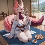 anthro asian_clothing beverage black_claws blue_eyes breasts chest_tuft claws cleavage clothed clothing container cup drinking east_asian_clothing female fin fluffy fluffy_tail head_fin japanese_architecture japanese_clothing kimono mythology neck_tuft on_knees plant_pot sitting_on_ground solo tendrils tuft whigwham leviathan_(mh) mizutsune mythological_creature absurd_res hi_res