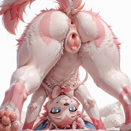 anus bent_over black_nose blue_eyes bow_(anatomy) butt close-up fangs female feral fluffy fur genitals humanoid_genitalia humanoid_pussy looking_at_viewer low-angle_view multicolored_body multicolored_fur nude pawpads pink_body pink_fur presenting pupils pussy raised_tail rear_view simple_background smile solo teeth upside_down white_background white_pupils neural_bunny nintendo pokemon eeveelution generation_6_pokemon pokemon_(species) sylveon hi_res
