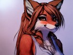 2022 anthro breasts brown_hair canid canine cheek_tuft cleavage clothed clothing facial_tuft female fox fur hair lezzy looking_at_viewer mammal orange_body orange_eyes orange_fur smile solo tuft white_body white_fur