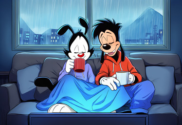 anthro barefoot bedding beverage black_body black_fur blanket city cityscape clothed clothing cloud container crossover cup cushion detailed_background duo eyes_closed feet footwear fur furniture gloves handwear holding_beverage holding_object hoodie inside living_room male male/male mountain mountains open_mouth raining shoes sky sofa tail topwear watching_tv boxen549 animaniacs disney goof_troop warner_brothers max_goof yakko_warner canid canine canis domestic_dog inkblot mammal