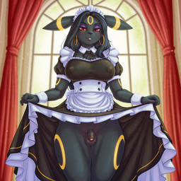 anthro balls black_body black_fur black_hair bottomwear breasts clothed clothing clothing_lift cuff_bracelet ear_piercing ear_ring eyeshadow flaccid foreskin fur genitals gynomorph hair hoop_ear_ring intersex maid_apron maid_headdress maid_uniform makeup penis piercing red_eyes ring_piercing skirt skirt_lift small_balls small_penis solo thick_thighs uniform erta_wanderer nintendo pokemon eeveelution generation_2_pokemon pokemon_(species) umbreon invalid_tag hi_res