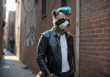 anthro back_alley choker clothed clothing collar jacket jewelry leather leather_clothing leather_jacket leather_topwear male mohawk necklace solo spiked_collar spikes topwear furryranch mammal procyonid raccoon hi_res