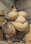 3_toes anthro belly big_belly big_breasts blush box breasts brown_body chubby_cheeks claws container deathclaw deep_navel featureless_breasts feet female glistening glistening_body hi_res horn huge_breasts hyper hyper_belly morbidly_obese navel nude obese overweight pseudochmod pupils reptile scalie slit_pupils solo standing tan_belly thick_thighs tired toe_claws toes warehouse weight_gain wide_hips yellow_eyes