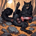 angry animal_genitalia animal_penis anus balls bared_teeth big_balls big_penis black_balls black_body black_fur black_pawpads butt canine_genitalia canine_penis claws detailed_background dusk erection evening fangs feet feral forest fur genitals glistening glistening_body glowing glowing_eyes knot looking_at_viewer lying male muscular muscular_feral muscular_male neck_tuft nude_male on_ground on_side open_mouth outside pawpads paws penis plant presenting presenting_anus presenting_balls presenting_penis quadruped raised_leg rock solo spread_legs spreading sunset tail_anus teeth toe_claws tongue tree tuft vein veiny_balls veiny_knot veiny_penis yellow_eyes anotheranon canid canine canis mammal wolf absurd_res hi_res