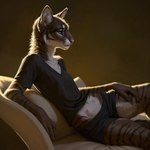 anthro black_clothing black_shirt black_topwear boxers_(clothing) breasts clothing countershading degenstoic detailed detailed_fur domestic_cat felid feline felis female fur hi_res mammal midriff multi_nipple neck_tuft nipples pinup pose reclining shirt sitting small_breasts solo striped_body striped_fur stripes t-shirt tabby_cat topwear tuft underwear whiskers white_body white_countershading