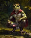 alex2018 amphibian anthro balls big_balls cape clothing crouching crown frog genitals hi_res lean looking_at_viewer male navel nude outside penis slim solo spread_legs spreading