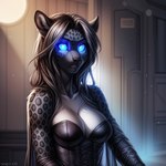 anthro black_body blue_eyes breasts felid female fur glowing glowing_eyes gothic grey_body grey_fur hair inside leopard long_hair mammal medium_breasts pantherine solo surprise