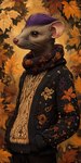 anthro autumn autumn_leaves brown_eyes clothing hair male pink_ears pink_nose purple_hair solo solo_focus sweater topwear turtleneck bahufaru kiley_saint-clair_(bahufaru) mammal mustela mustelid musteline true_musteline hi_res portrait