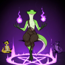 breasts clothed clothing eyes_closed feet female fire green_body group horn magic magic_circle magic_user male non-mammal_breasts occult_symbol overalls_only pentagram simple_background sitting small_breasts smile solo_focus summoning_circle symbol tail trio yellow_body anotheranon deadlock kobold lizard reptile scalie hi_res