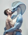anthro apode beard blue_body blue_scales breasts claws cobra draconcopode duo embrace facial_hair female finger_claws hair hugging human human_on_anthro interspecies legless male male/female mammal naga nude reptile romantic scales scalie serpentine simple_background size_difference smaller_male snake snake_hood suggestive taller_female tattoo terraraptor white_background